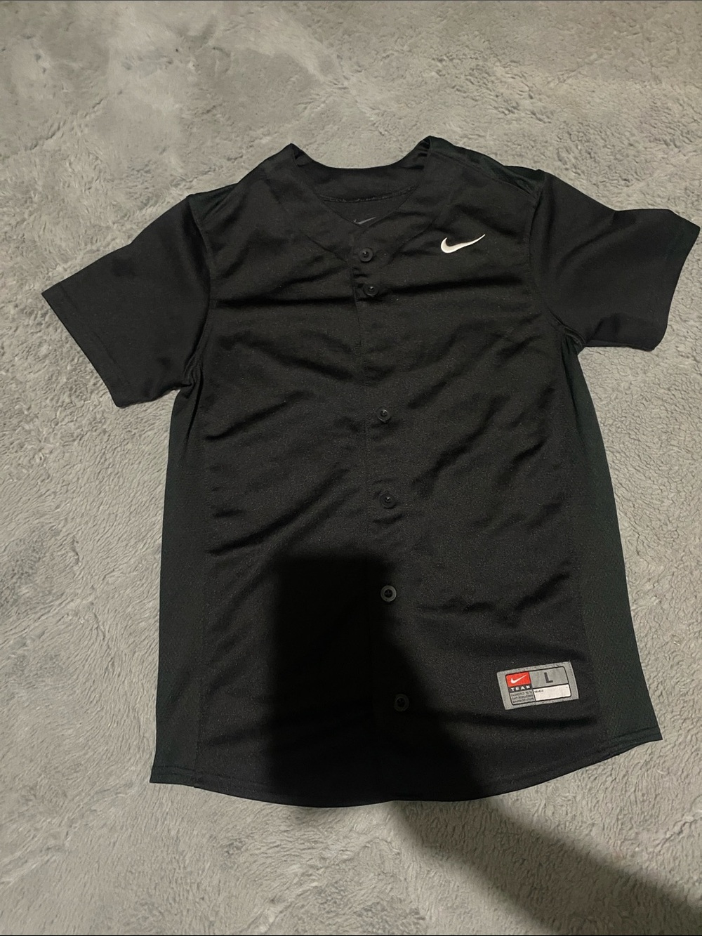 Nike Black Kids Button-Front Baseball Jersey with White Swoosh